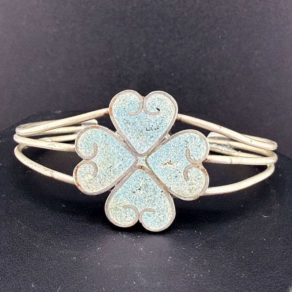 Vintage Mexican Cuff Bracelet Silver‎ Tone 4 Leaf Clover 5.5"